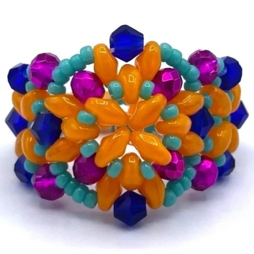 Orange with Pink and Blue Sapphire Crystal Beaded Statement Ring Size 10